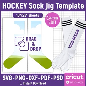 May include: A digital template for creating hockey sock designs. The template includes two sock shapes with a green and blue gradient, a white cloud, and the text "DRAG & DROP". The template is designed to be used with Canva and Cricut.