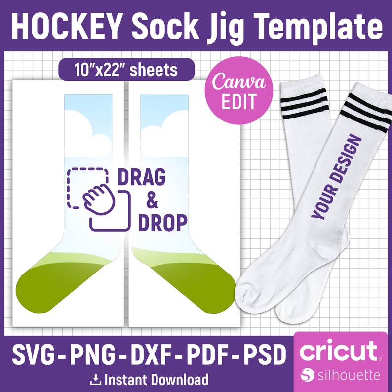 May include: A digital template for creating hockey sock designs. The template includes two sock shapes with a green and blue gradient, a white cloud, and the text "DRAG & DROP". The template is designed to be used with Canva and Cricut.