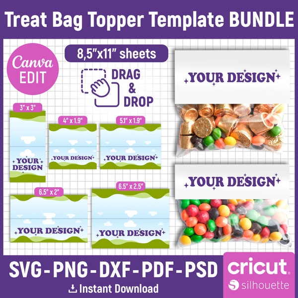 Treat Bag Troppers Template Bundle, Treat Bag Tropper Svg, Candy Pack Template, Bag Tropper Label, Birthday Gift, Favor Template, Canva Edit