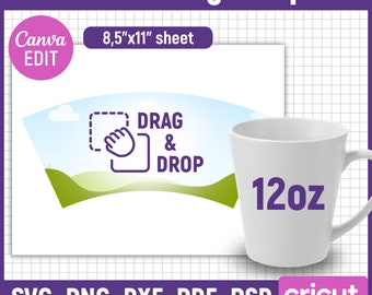 Puede incluir: Una plantilla de taza de latte blanca de 12 oz con un diseño de paisaje verde y azul. La plantilla incluye un área de arrastrar y soltar para agregar texto o imágenes. El texto "12oz" está impreso en la taza. La plantilla está diseñada para usarse con máquinas de corte Cricut y Silhouette.