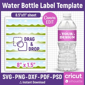 May include: A water bottle label template with a landscape design, featuring the text "Water Bottle Label Template". The design includes a clear water bottle with a pink label that says "+YOUR+ DESIGN". The template is for an 8.5"x11" sheet and 8" x 1.5" labels.