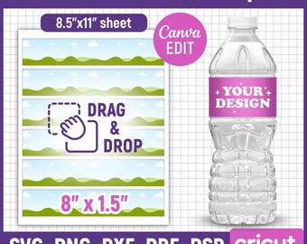 Labelsjabloon waterfles, verpakking waterfles, sticker waterfles, doe-het-zelfetiketsjabloon, verpakking, afdrukbaar, doe-het-zelf, png, canva bewerkbaar