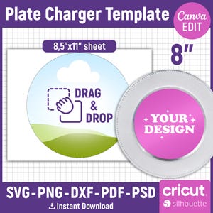 Puede incluir: Una plantilla para un cargador de plato de 8 pulgadas con un fondo blanco y un círculo rosa en el centro que dice "YOUR DESIGN". La plantilla está diseñada para ser utilizada con Canva y se puede descargar en los formatos SVG, PNG, DXF, PDF y PSD.