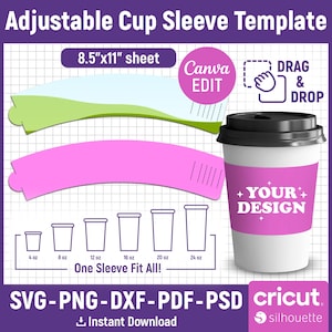 Könnte beinhalten: Eine Vorlage für eine verstellbare Becherhülle mit einer weißen Kaffeetasse mit einer rosa Hülle mit dem Text "YOUR DESIGN". Das Bild enthält eine rosa und grüne Vorlage sowie Illustrationen von Bechergrößen von 118 ml bis 710 ml. Der Text enthält "Canva EDIT" und "DRAG & DROP".