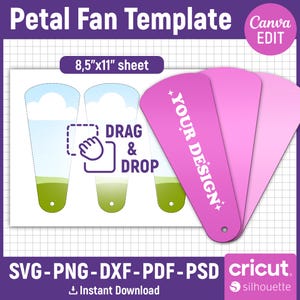 May include: A printable template for a petal fan, with three fan sections. The template includes a drag and drop area, a section that says "YOUR DESIGN", and a section with a sky and grass design. The template is designed to be printed on an 8.5 x 11 inch sheet of paper.