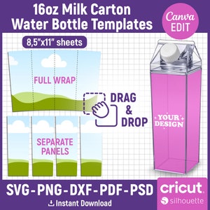 16オンスミルクカートンテンプレート、16オンスアクリルウォーターボトルラッパー、500 ml、フルラップテンプレート、昇華テンプレート、カットファイル、Canva編集可能