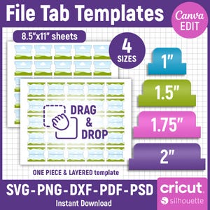 May include: A digital file tab template with the text "File Tab Templates". The design includes sheets labeled "8.5"x11" sheets" and four tab sizes: 1", 1.5", 1.75", and 2". The template is compatible with Cricut and Silhouette machines.