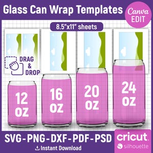 12oz, 16oz, 20oz, 24oz, Glass Can Wrap Template, Libbey Can Glass Template, Glass Jar Cup Template, Libbey Beer Can Template, Canva Editable image 1