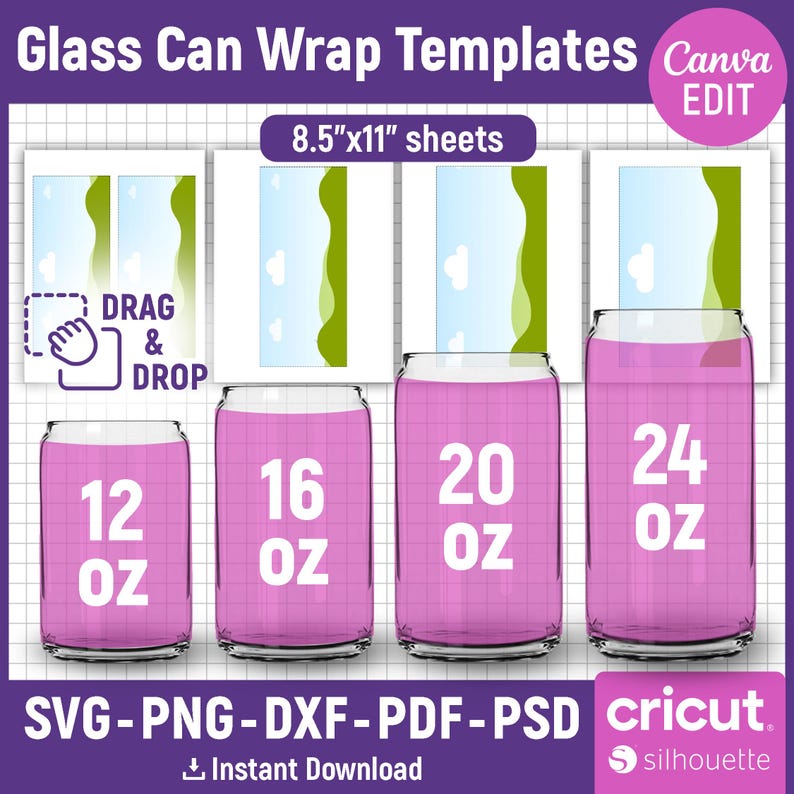 12oz, 16oz, 20oz, 24oz, Glass Can Wrap Template, Libbey Can Glass Template, Glass Jar Cup Template, Libbey Beer Can Template, Canva Editable image 1