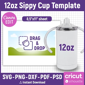 12oz Sippy Cup Tumbler, Sippy Cup Wrap Template Svg, Sippy Sublimation Template for Kids, Sippy Cup Blank Template, png, dxf, Canva Editable