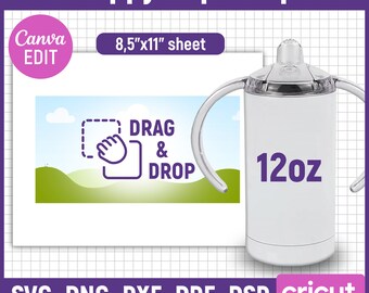 May include: A white 12oz sippy cup template with two handles. The template is designed for use with a cutting machine and includes a drag and drop area for adding text or images. The template is available in SVG, PNG, DXF, PDF, and PSD formats.