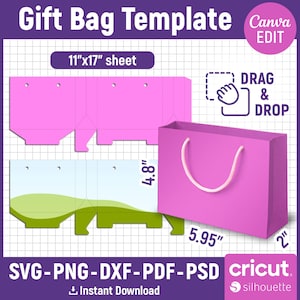 May include: A pink gift bag template with dimensions of 5.95" x 2" x 4.8" and a white handle. The image includes a flat template design and the words "Gift Bag Template", "Drag & Drop", and "SVG-PNG-DXF-PDF-PSD".