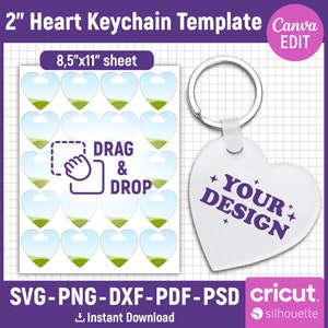 2&quot; Heart Keychain Template, Keychain Template Svg, Sublimation Template, Keychain Personalized, Custom Keychain, png, dxf, Canva Editable