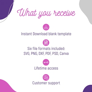 May include: A graphic with the text "What you receive" in pink script. Below, it lists "Instant Download blank template," "Six file formats included: SVG, PNG, DXF, PDF, PSD, Canva," "Lifetime access," and "Customer support."
