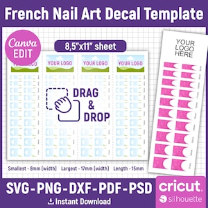 French Tip Nail Art Decal Template, Nail Blank Template, Nail Template Svg, Nail Design Template, Waterslide Nail Decals, Canva Editable