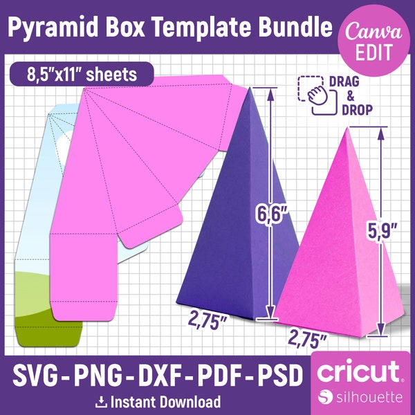 Pyramid Box Bundle, Gift Box Template, Pyramid Favor Box, Birthday Gift Box, Party Favor Box, Box Template, Pyramid Box Svg, Canva Editable