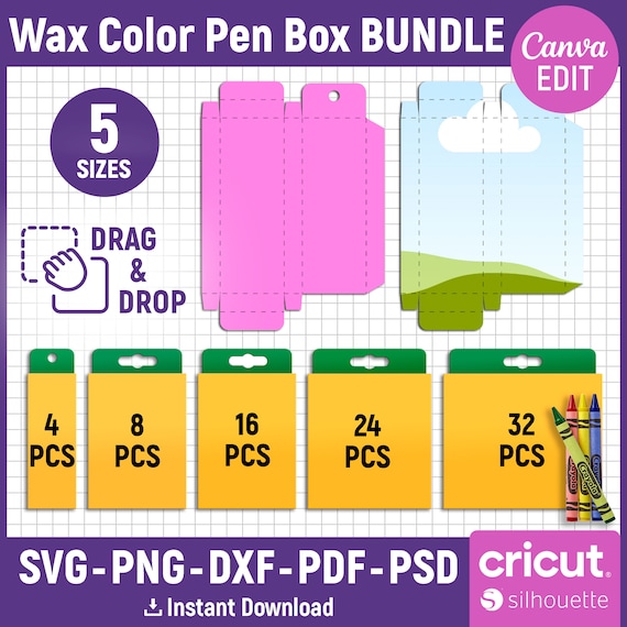 5 Size Crayon Box Template, Wax Crayon Box Template, Wax Color Pen Gift Box, Box Template, Party Favor Box, Gift Box Svg, Canva Editable