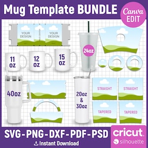 Peut inclure: Un ensemble de modèles de tasses pour des designs de sublimation. Les modèles comprennent différentes tailles, notamment 11 oz, 12 oz, 15 oz, 20 oz, 30 oz et 40 oz. Les modèles présentent un design de paysage vert et bleu avec des nuages. Le texte "Mug Template Bundle" et "Canva Edit" est visible sur l'image.