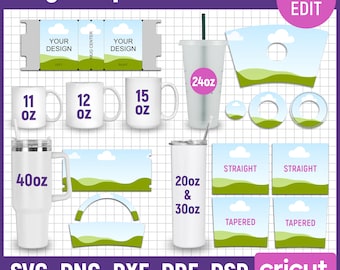 Puede incluir: Un conjunto de plantillas de taza para diseños de sublimación. Las plantillas incluyen varios tamaños, incluyendo 11 oz, 12 oz, 15 oz, 20 oz, 30 oz y 40 oz. Las plantillas presentan un diseño de paisaje verde y azul con nubes. El texto "Mug Template Bundle" y "Canva Edit" es visible en la imagen.