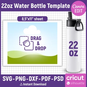 Tumblermall Svg, mall för 22oz vattenflaska, sportvattenflaska, termosflaska, sublimeringstumbler, dxf, png, redigerbar Canva