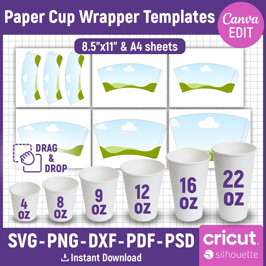 4oz, 8oz, 9oz, 12oz, 16oz, 22oz Paper Cup Wrap Template, Coffee Cup ...