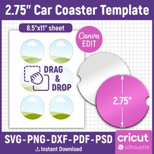 May include: A template for creating 2.75 inch car coasters. The template includes six circles with a light blue sky and green grass design. The template is designed to be used with Canva and includes instructions to drag and drop elements. The template is available in SVG, PNG, DXF, PDF, and PSD formats.