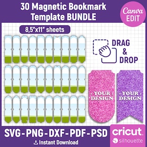 Magnetic Bookmark Template BUNDLE, Bookmark Clipart, Magnetic Bookmark Svg, Book Lover Gift, DIY Planner Book Mark, png, dxf, Canva Editable