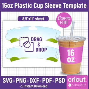 16oz Plastic Cup Sleeve Template, Cup Sleeve Template, Cold Cup Sleeve Template, Clear Plastic Cup Sleeve, Cold Cup Wrapper, Canva Editable