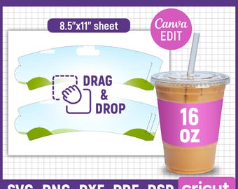 16oz Plastic Cup Sleeve Template, Cup Sleeve Template, Cold Cup Sleeve Template, Clear Plastic Cup Sleeve, Cold Cup Wrapper, Canva Editable