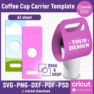 Può includere: Un modello rosa per portabicchieri da caffè con manico, che tiene una tazza da caffè bianca. Il design include il testo "YOUR DESIGN" e "DRAG & DROP". Il modello è disponibile nei formati SVG, PNG, DXF, PDF e PSD.