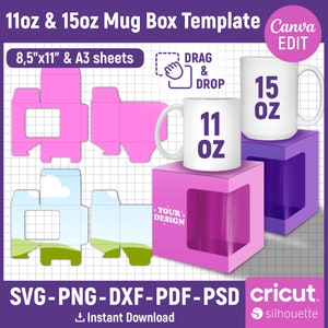 11 Unzen, 15 Unzen Mug Box Template Bundle, Mug Box svg, Mug Box Vorlage, Mug Box Vorlage mit Fenster, Mug Geschenkbox, Mug Verpackung, Canva Bearbeitbar