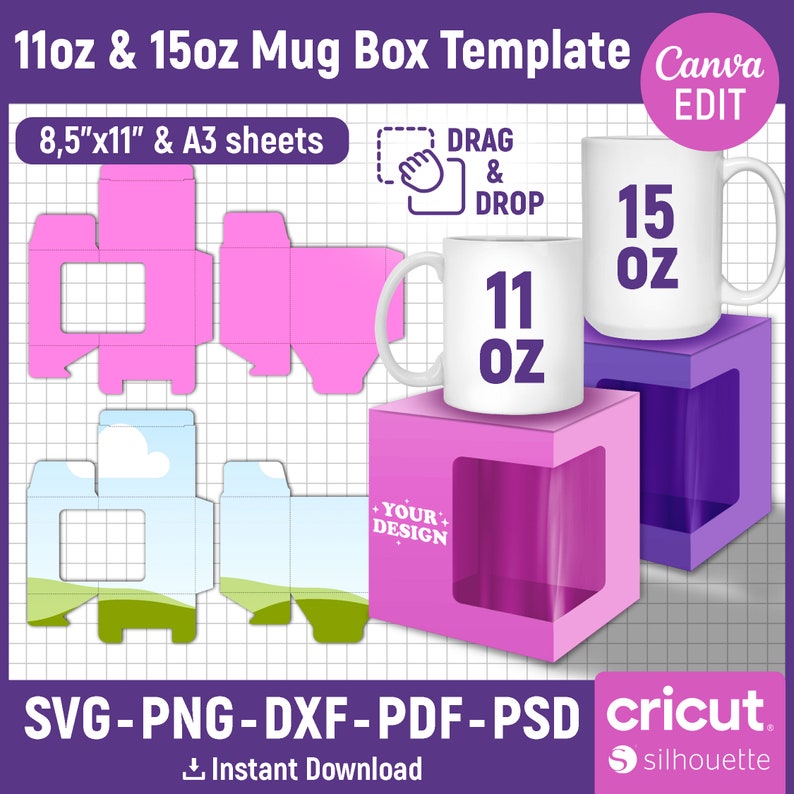 May include: Printable template for creating a box to hold a 11 oz or 15 oz mug. The template includes a pink box with a window, a blue box with a window, and a purple box with a window. The template is designed to be used with Cricut and Silhouette cutting machines. The text "DRAG & DROP" is visible in the image.