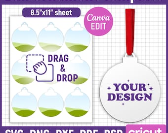 May include: A white ball ornament template with a red ribbon, featuring the text "YOUR DESIGN". The design includes a sheet of ball ornament templates with "DRAG & DROP" instructions. The sheet size is 21.6cm x 27.9cm.
