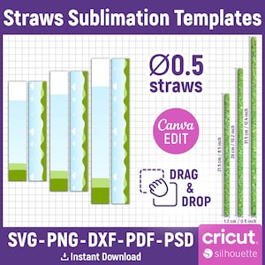 Plantilla de pajita SVG, plantilla de sublimación de pajitas, pajitas para vasos, tazas, pajitas de acero inoxidable para sublimación, envoltura completa, Canva editable