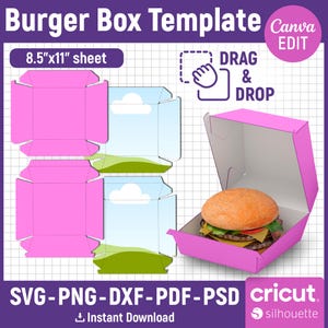 Op de afbeelding: Een roze burgerboxsjabloon met een burger erin en een plat ontwerp van de doos. De sjabloon is ontworpen voor een vel van 21,6 x 27,9 cm. De afbeelding bevat de tekst "Burger Box Template", "Drag & Drop" en "Instant Download".