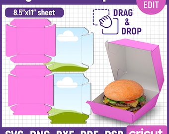 Burger Box Template, Hamburger Box Template, Cheeseburger Box Template, Burger Packaging, Burger Container, Printable, DIY, Canva Editable