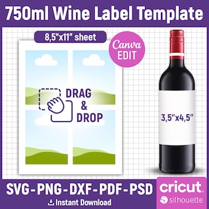 Wine Label Template, 750ml Mini Wine Label Template, Wine Label Svg, Wine Bottle Tag, Personalized Wine Label, Printable, Canva Editable