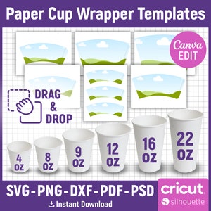 Paquete de plantillas de envoltorio de taza de papel de 6 tamaños, plantilla de taza de café de papel, envoltorio de taza de papel, envoltorio de taza en blanco, taza de espuma de poliestireno, Canva editable