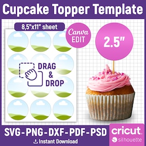 2.5インチ カップケーキ トッパー テンプレート、バースデー ケーキ トッパー テンプレート、カップケーキ トッパー SVG、多目的円形レイヤー ラベル、Canva 編集可能