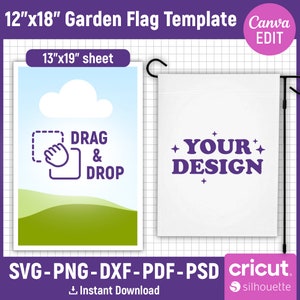 May include: A white garden flag template with the text "YOUR DESIGN" in purple letters. The flag is 12 inches by 18 inches and is designed to be used with a 13 inch by 19 inch sheet of paper. The image also includes instructions on how to drag and drop your design onto the flag.