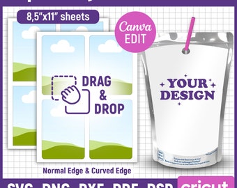 May include: A digital design for Capri Sun juice pouch labels. The design includes a pouch graphic with a straw, sheets of labels, and the text "DRAG & DROP". The design is available for instant download in SVG, PNG, DXF, PDF, and PSD formats.