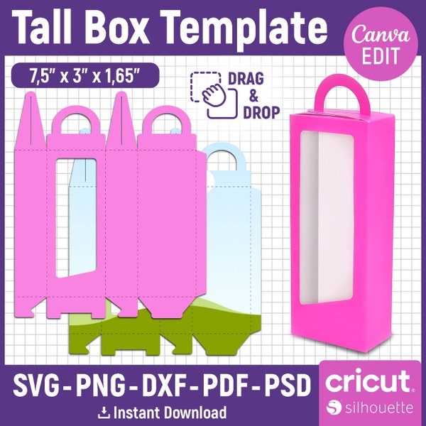 Tall Box Template, Tall Box Svg, Box with Handle Template, Doll Box, Treat Box, Window Box, Tall Gable Box, Party Favor, psd, Canva Editable