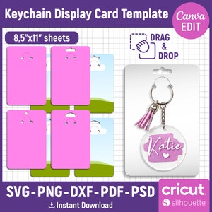 Pacote Svg de cartão de exibição de chaveiro, modelo de cartão de exibição de chaveiro, embalagem de chaveiro, porta-chaves, etiqueta de chaveiro, arquivos cortados, Canva editável