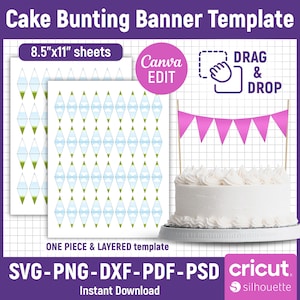 May include: A cake bunting banner template with the text "Cake Bunting Banner Template" and "8.5"x11" sheets". The image includes a cake with a pink bunting, and a template with blue and green diamond shapes. The template is available for instant download.