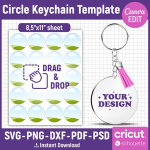 May include: A sheet of 15 blank circle keychain templates with a sky and rolling hills design. The sheet is 8.5 inches by 11 inches. A single keychain template is shown with a silver key ring and a pink tassel. The text "DRAG & DROP" is on the sheet. The text "YOUR DESIGN" is on the keychain template.