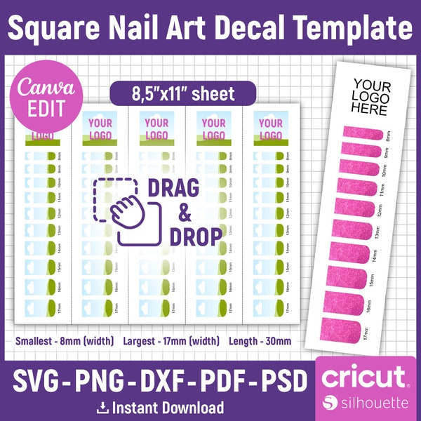 30mm Square Nail Art Decal Template, Nail Blank Template, Nail Template Svg, Nail Design Template, Waterslide Nail Decals, Canva Editable