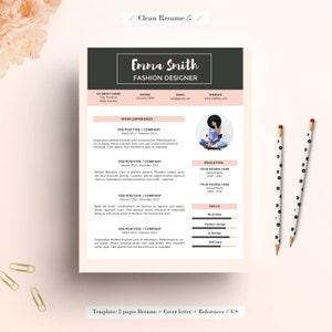 Resume Template, US letter, A4, CV Template, Cover Letter for Word, Instant digital Download, Creative resume, Simple, Modern // Pink