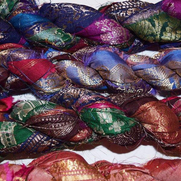 5 yards  Zari Border Lurex Recycled Sari Silk Ribbon Yarn Upcycled, Bulky, Crochet, Knit, Jewelry, Craft, Weave,great for  fabric beads
