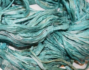10 yards Recycled Sari Silk Ribbon Yarn Blue4 for tassels,embellishment