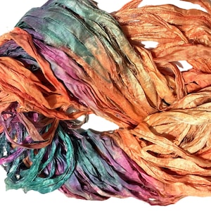 Orange Teal Recycled Sari Silk Ribbon Yarn: Soft Craft Supply